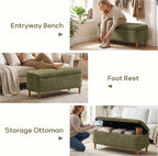 39.4”Ottoman with Storage,Upholstered Comfy Storage Bench Ottoman with Wooden Legs,End of Bed Bench Footstool for Hallway Entryway Bedroom Living Room Green