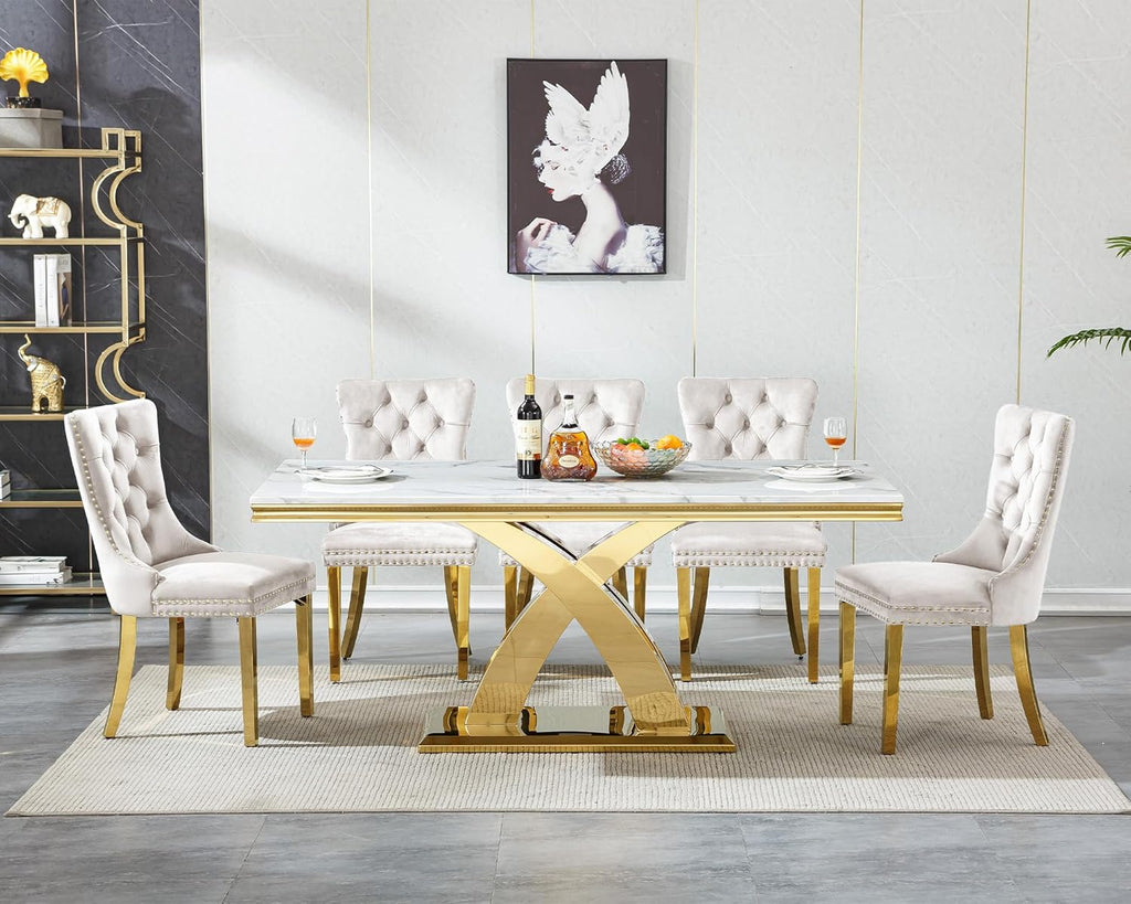 Luxury 7 Piece Dining Set, Modern 68.11" Faux Marble Dining Table with 6 Beige Velvet Dining Chairs, White Kitchen Table Set with Gold Stainless Steel Base, Rectangle Dining Room Table and Chairs Set