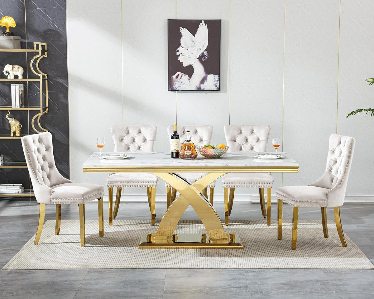 Luxury 7 Piece Dining Set, Modern 68.11" Faux Marble Dining Table with 6 Beige Velvet Dining Chairs, White Kitchen Table Set with Gold Stainless Steel Base, Rectangle Dining Room Table and Chairs Set