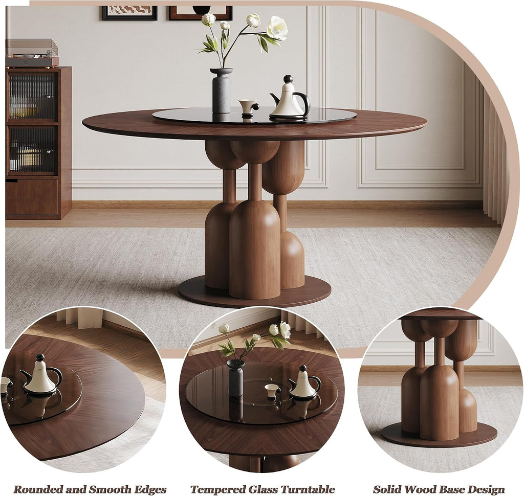 Montary 59-inch Natural Oak Wabi-Sabi Round Dining Table with 35-inch Tempered Glass Lazy Susan, Handcrafted Japanese Style Sculptural Solid Wood Dining Table for Living Room & Restaurant