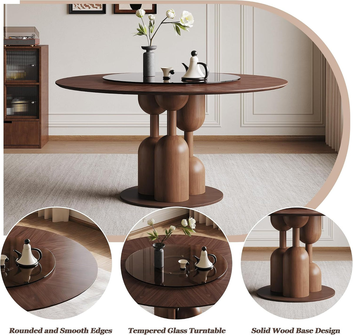 Montary 59-inch Natural Oak Wabi-Sabi Round Dining Table with 35-inch Tempered Glass Lazy Susan, Handcrafted Japanese Style Sculptural Solid Wood Dining Table for Living Room & Restaurant