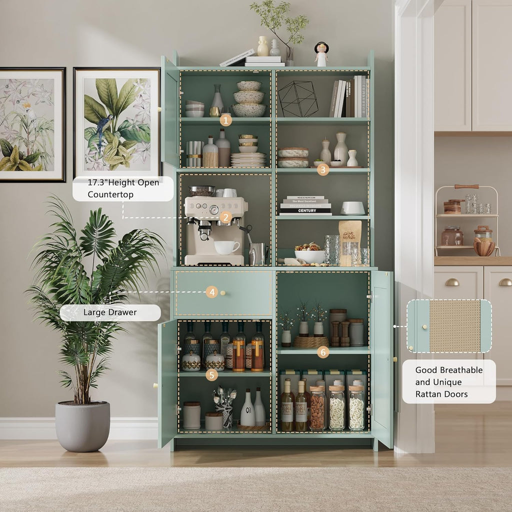 71'' Tall Kitchen Pantry Storage Cabinet, Kitchen Hutch Bar Cabinet with Microwave Stand, Farmhouse Buffet Cabinet w/Drawer, 3 Adjustable Shelf & 3 Rattan Doors for Kitchen, Dining Room (Green)