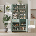 71'' Tall Kitchen Pantry Storage Cabinet, Kitchen Hutch Bar Cabinet with Microwave Stand, Farmhouse Buffet Cabinet w/Drawer, 3 Adjustable Shelf & 3 Rattan Doors for Kitchen, Dining Room (Green)