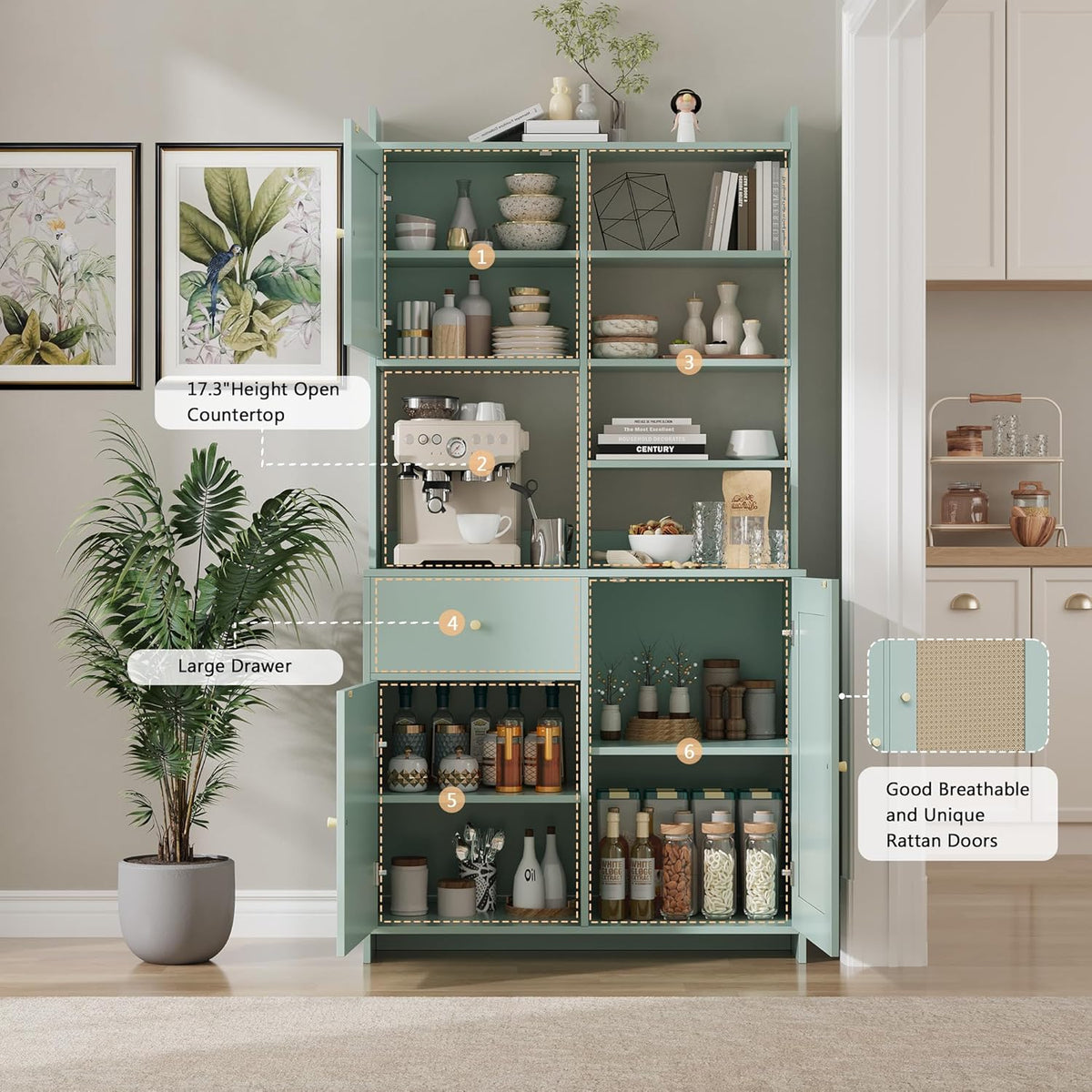 71'' Tall Kitchen Pantry Storage Cabinet, Kitchen Hutch Bar Cabinet with Microwave Stand, Farmhouse Buffet Cabinet w/Drawer, 3 Adjustable Shelf & 3 Rattan Doors for Kitchen, Dining Room (Green)