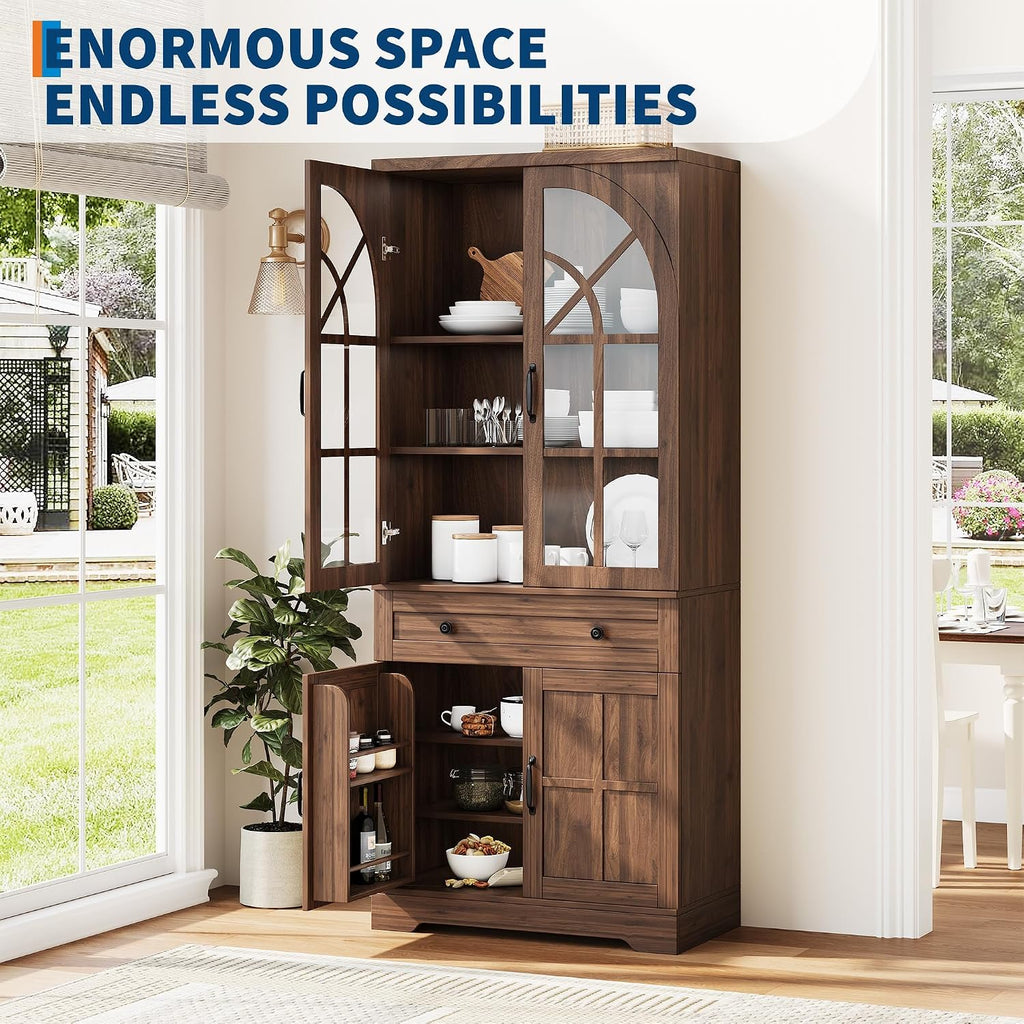 CABIHOME Farmhouse Pantry Cabinet,Freestanding Tall Wood Kitchen Storage with Tempered Glass Doors,Adjustable Shelves Multifunctional Organizer for Dining Room