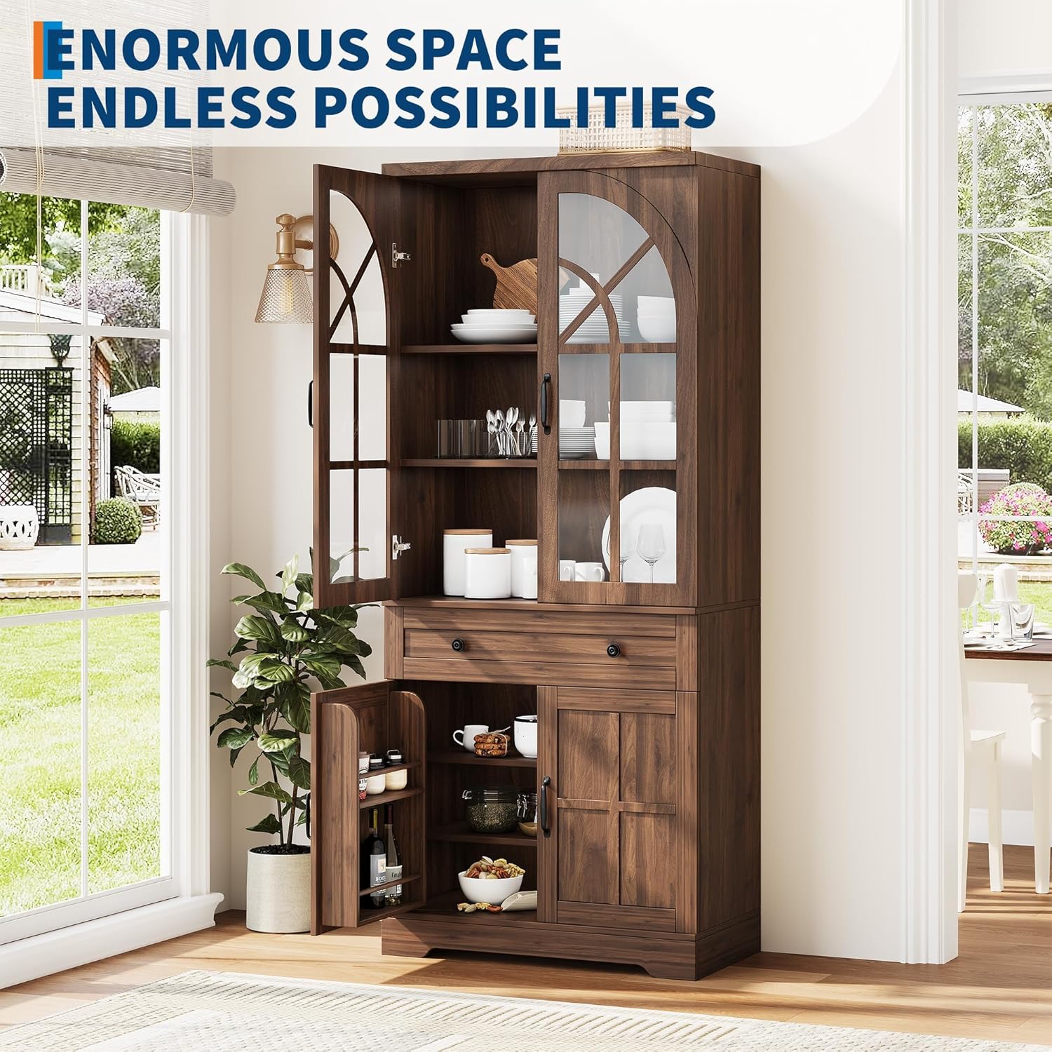 IDEALHOUSE 71.9" Tall Storage Cabinet with 30mm Thickened Board, Tempered Glass Doors & Anti-Tipping Kit, Pantry Storage Cabinet for Kitchen, Dining Room, Living Room