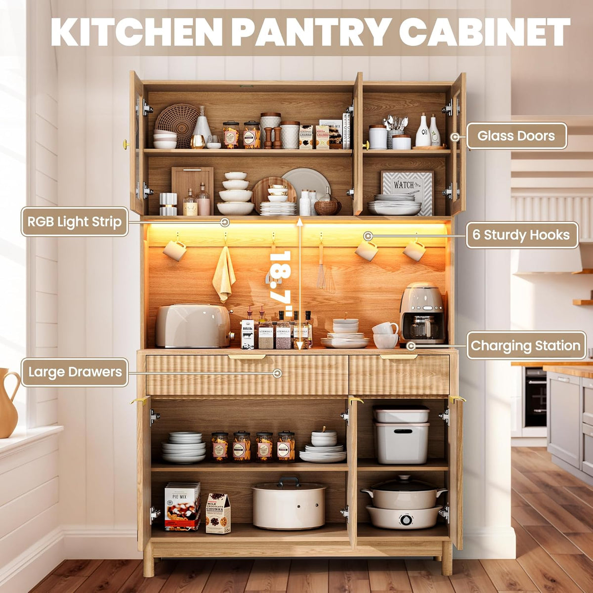 71'' Fluted Kitchen Pantry Cabinet with Power Outlet & LED Light, Food Kitchen Hutch with Countertop, Wood Pantry Storage Cabinet with a Drawer & Shelves for Living Room, Dining Room, Natural