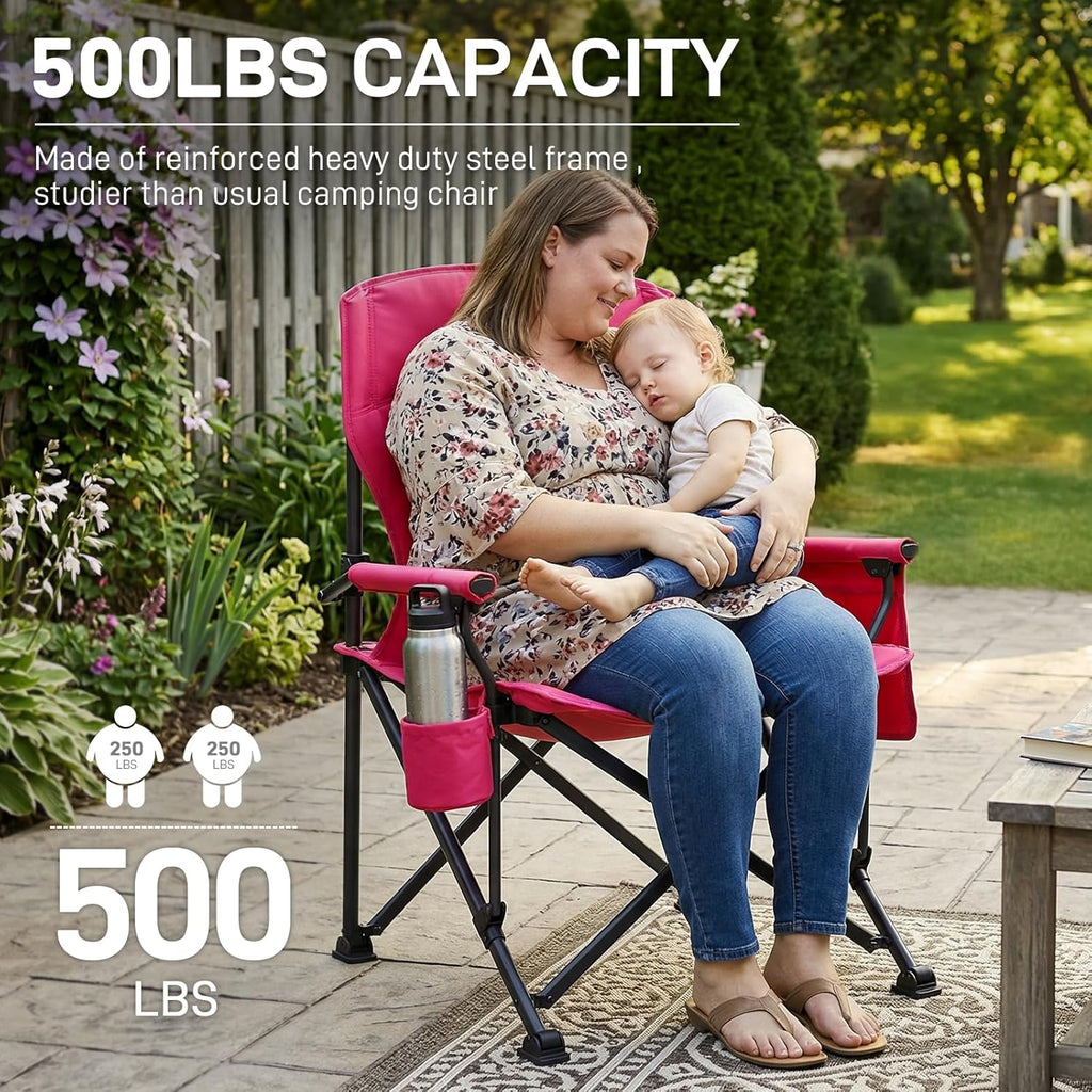 EVER ADVANCED Oversized Folding Women Camping Chair, for Adults Heavy Duty Lawn Chair with Side Pockets, Portable Collapsible Quad Chair for Outside, Support Up to 500lbs, Pink