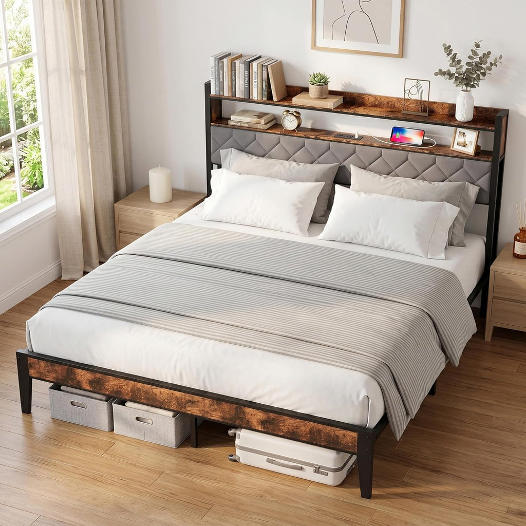 King Bed Frame with Charging Station & 2-Tier Storage Headboard, Grey
