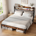 King Bed Frame with Charging Station & 2-Tier Storage Headboard, Grey