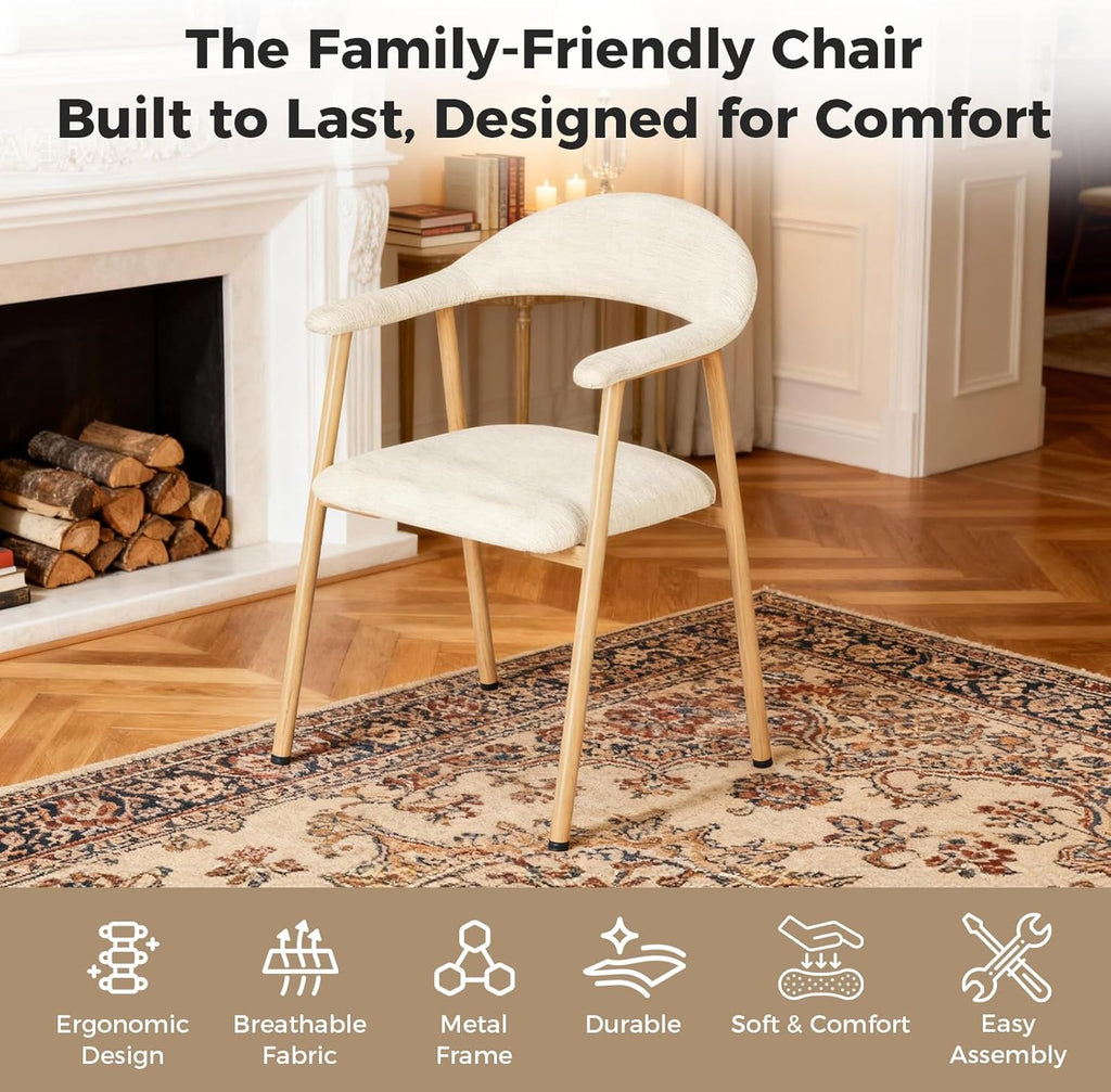 DUMOS Dining Chairs Set of 2, Linen Fabric Upholstered Kitchen Side Chairs with Curved Backrest & Metal Legs, Modern Farmhouse Accent Chairs for Dining Room Kitchen Living Room Cafe, Beige