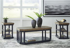 Signature Design by Ashley Landocken Contemporary Occasional Table Set with Open Shelves and Casters, Set of 3, Light Brown & Blue