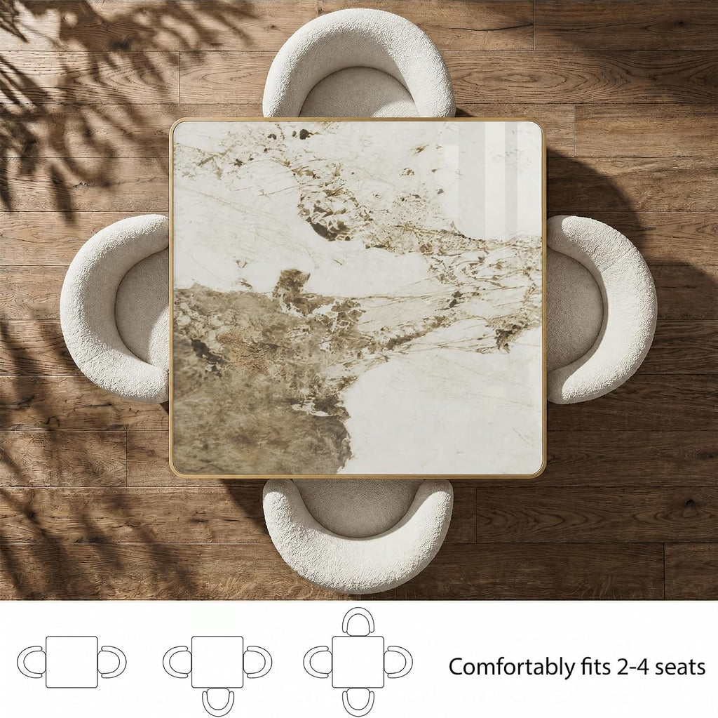 31.5" Square Dining Table, Square Restaurant Table with 1.2" Thick Sintered Stone Tabletop and Golden Metal Pedestal Base, Bistro Table for Diner, Bar, kitchen, Bakery, Apartment (Marble Patterns)