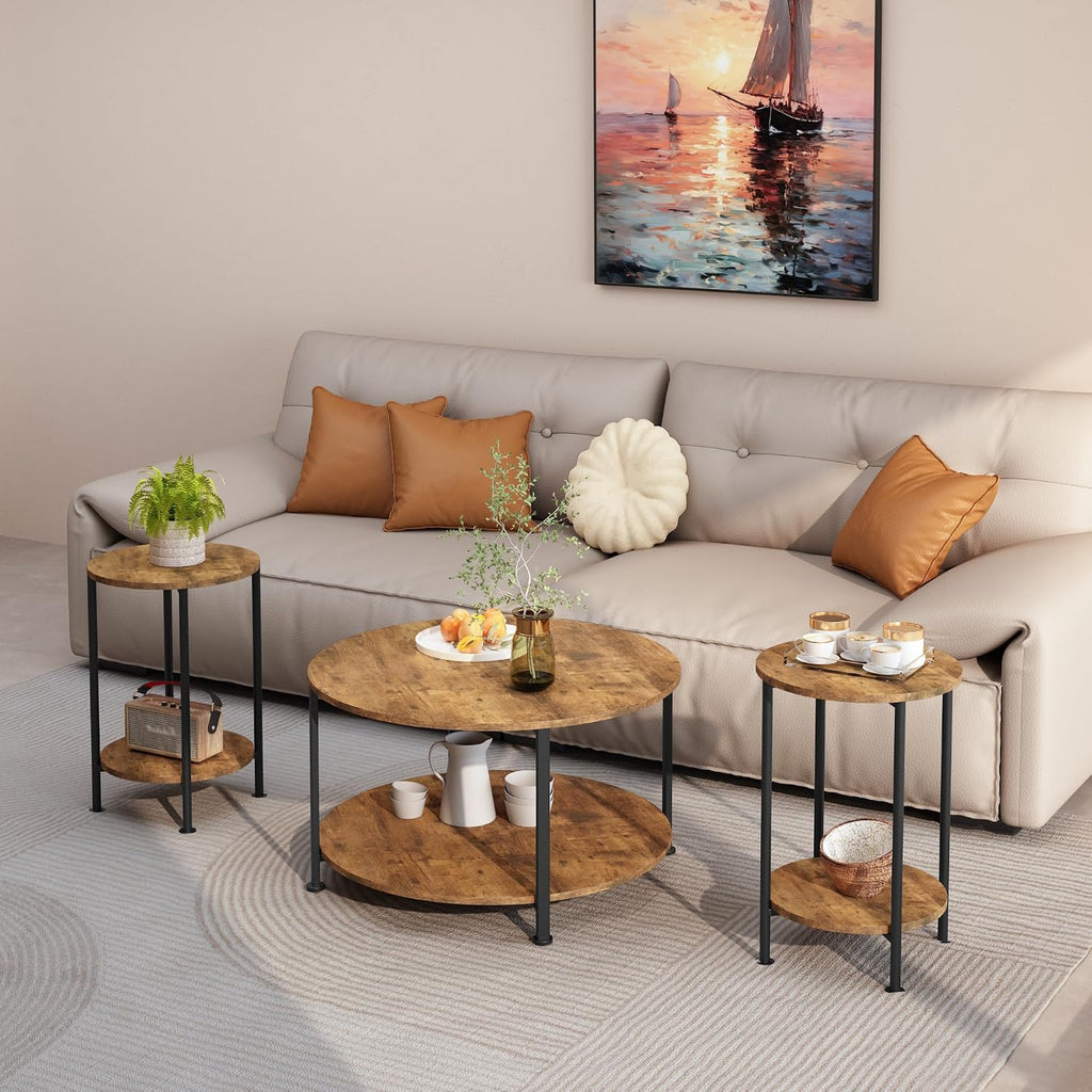 Farmhouse 3-Piece Coffee Table and End Table Set for Living Room | Round Coffee Table Set of 3 with Storage