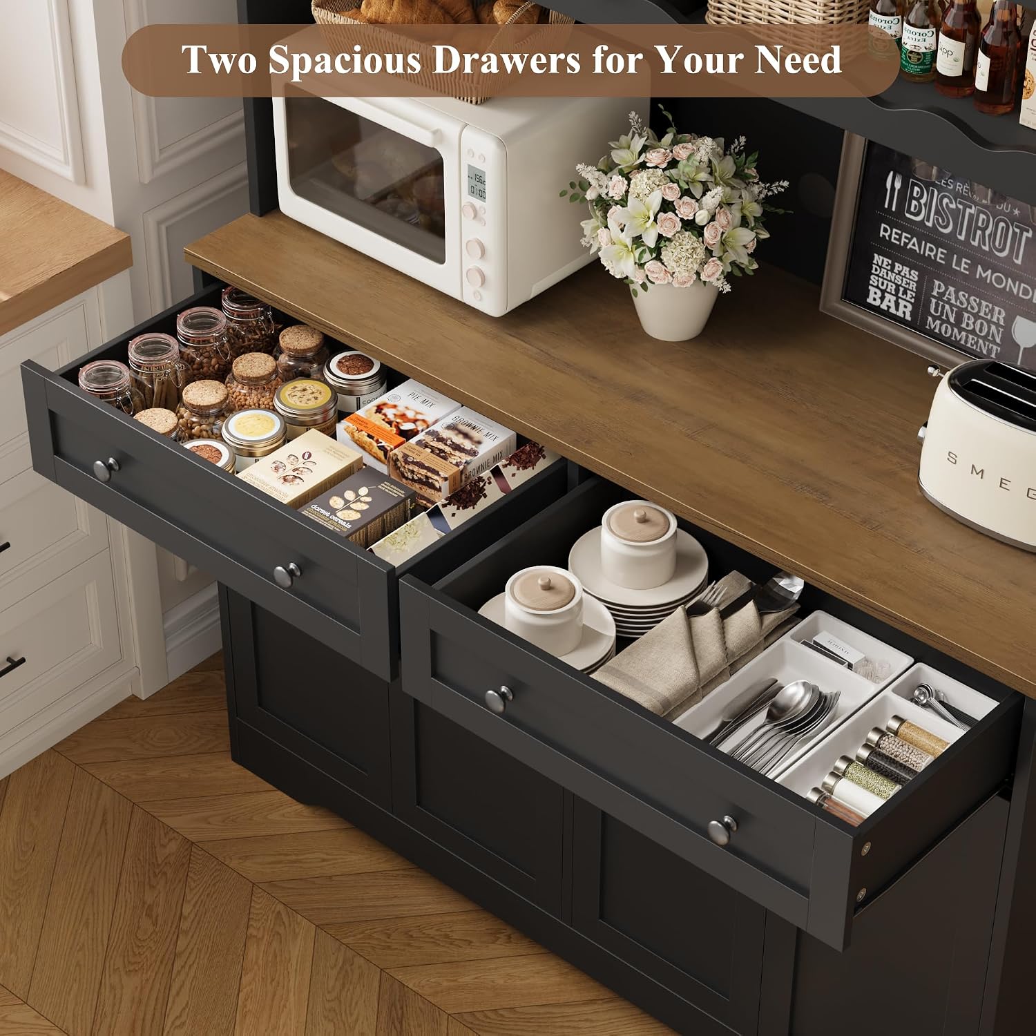 HOSTACK 75" Kitchen Pantry Storage Cabinet, Coffee Bar Hutch Cabinet, Black | Tall Pantry Cabinet with Charging Station / Wide Countertop / Glass Doors / Wine Rack / Cup Holder / Drawers, Dining Room