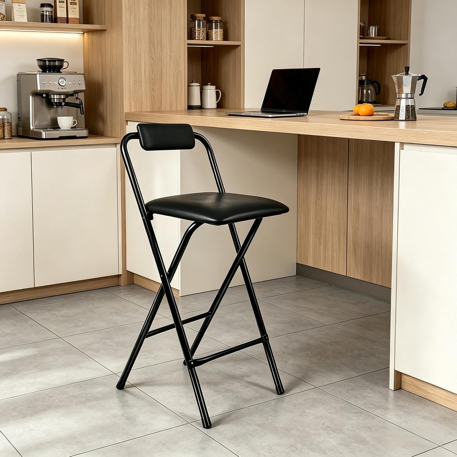 Folding Stool with Back,1Pcs Tall Foldable Stool 29.5 Inch | Portable High Chairs Bar Stools Adult Leather Padded Comfortable and Sturdy for Kitchen Counter Bar Table Island Shop