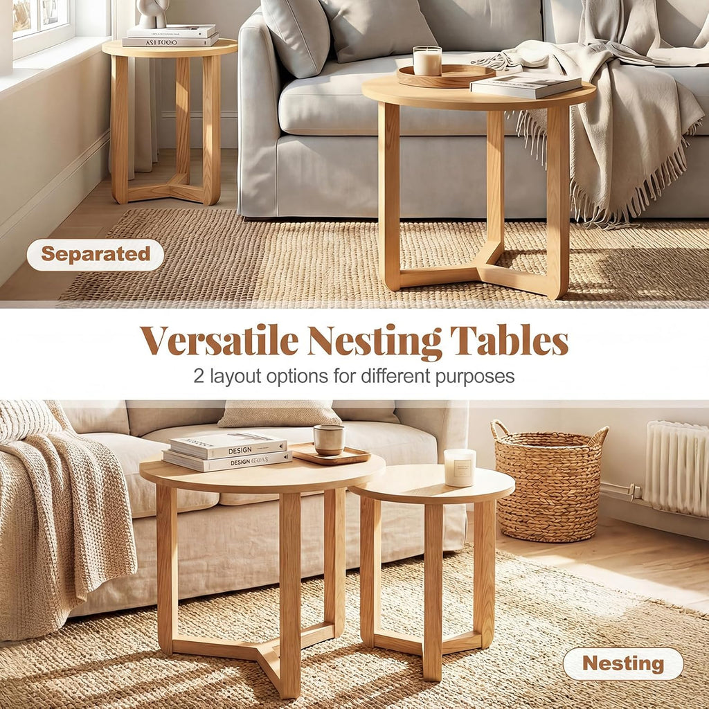 Giantex Round Nesting Coffee Table Set of 2, Wood Nesting End Tables with Thickened Top & Solid Rubber Wood Legs, Farmhouse Sofa Side Table for Small Spaces Living Room Bedroom (Natural)