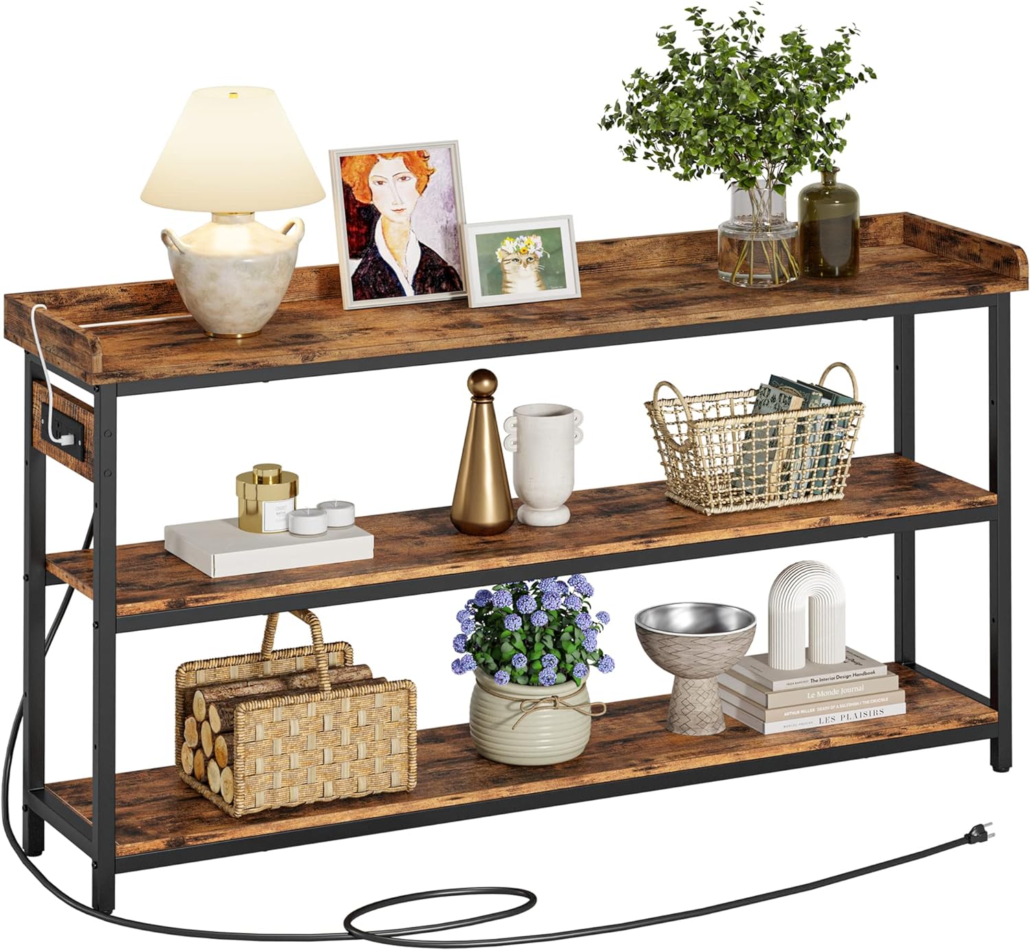 IRONCK Console Table with Power Outlet, One Piece Top, Sofa Table 55" | Entryway Table with Storage, Narrow Hallway Table for Entryway, Living Room, Foyer, Height Adjustable, Easy Assembly