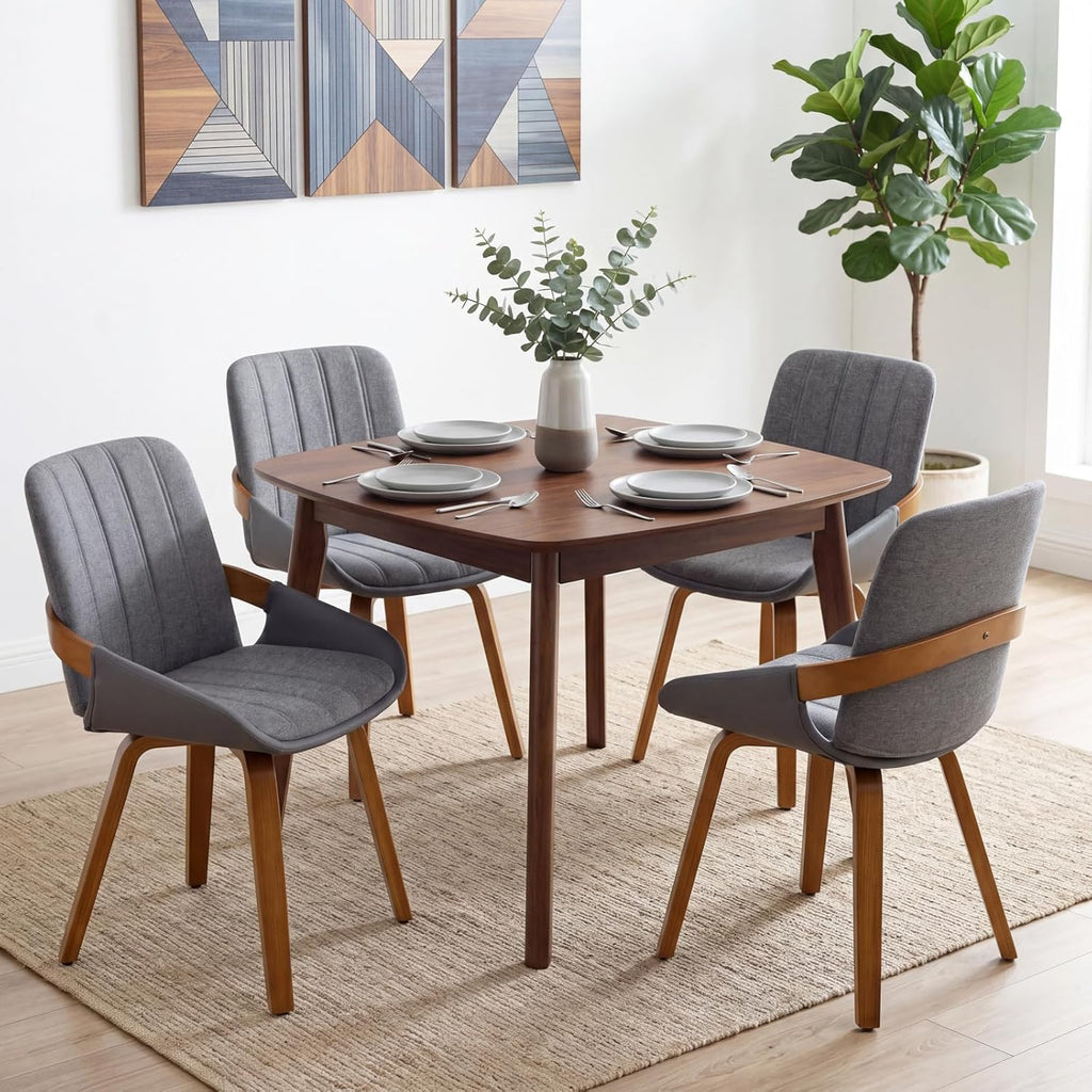 Dining Room Chairs Set of 4, Mid Century Modern Gray Fabric+Faux Leather Kitchen Chairs No Arms,Bamboo Legs Side Chairs No Wheels,Accent Chair for Dining Rooms