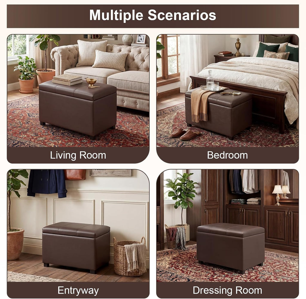 Joveco 24" Leather Storage Ottoman Bench, Rectangle Foot Rest Stool for Living Room, Bedroom, Entryway, Brown
