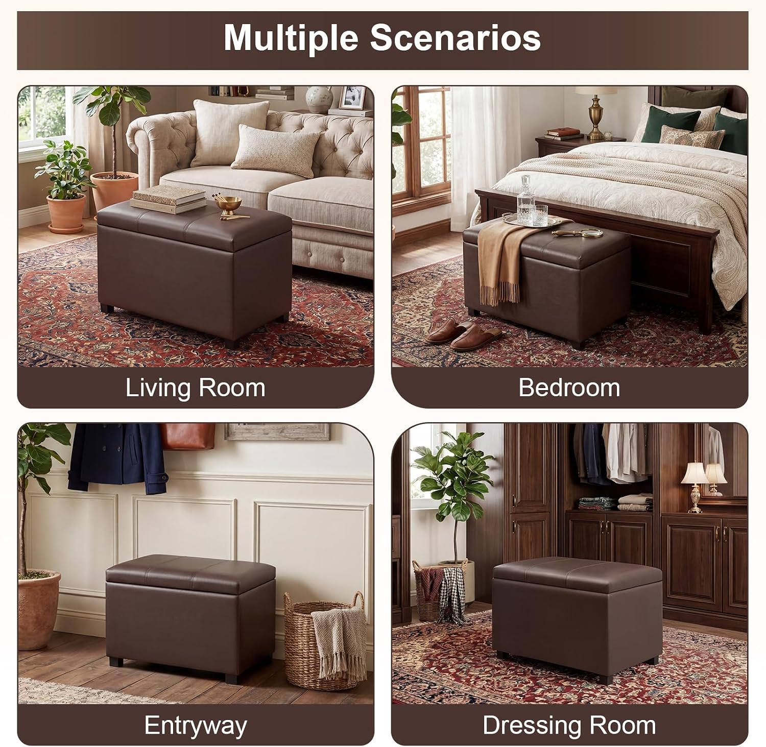 Joveco 24" Leather Storage Ottoman Bench, Rectangle Foot Rest Stool for Living Room, Bedroom, Entryway, Brown