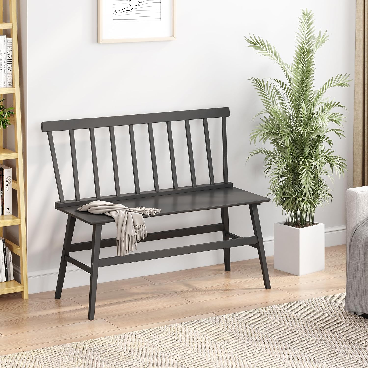 Wisuce Bamboo Dining Bench, Entryway Bench with Spindle Back (Black) | Bamboo & H-Shaped Support, Ergonomic Tilted Spindle Back, Multi-Scene Use, Easy Assembly & Maintenance