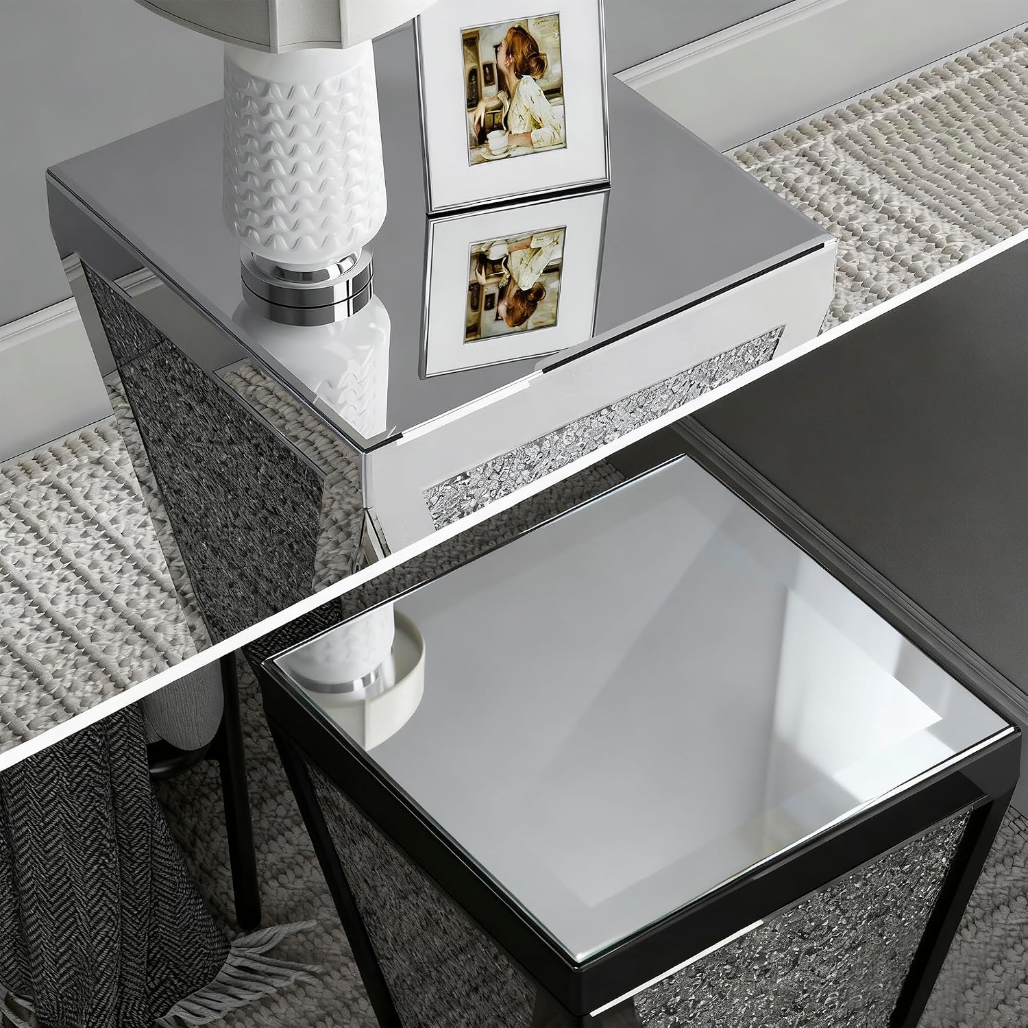 IKIFLY Mirrored Nightstand with Large Square Tabletop, Silver End Table with Crushed Diamonds, Modern Accent Beside Table for Living Room, Bedroom and Office