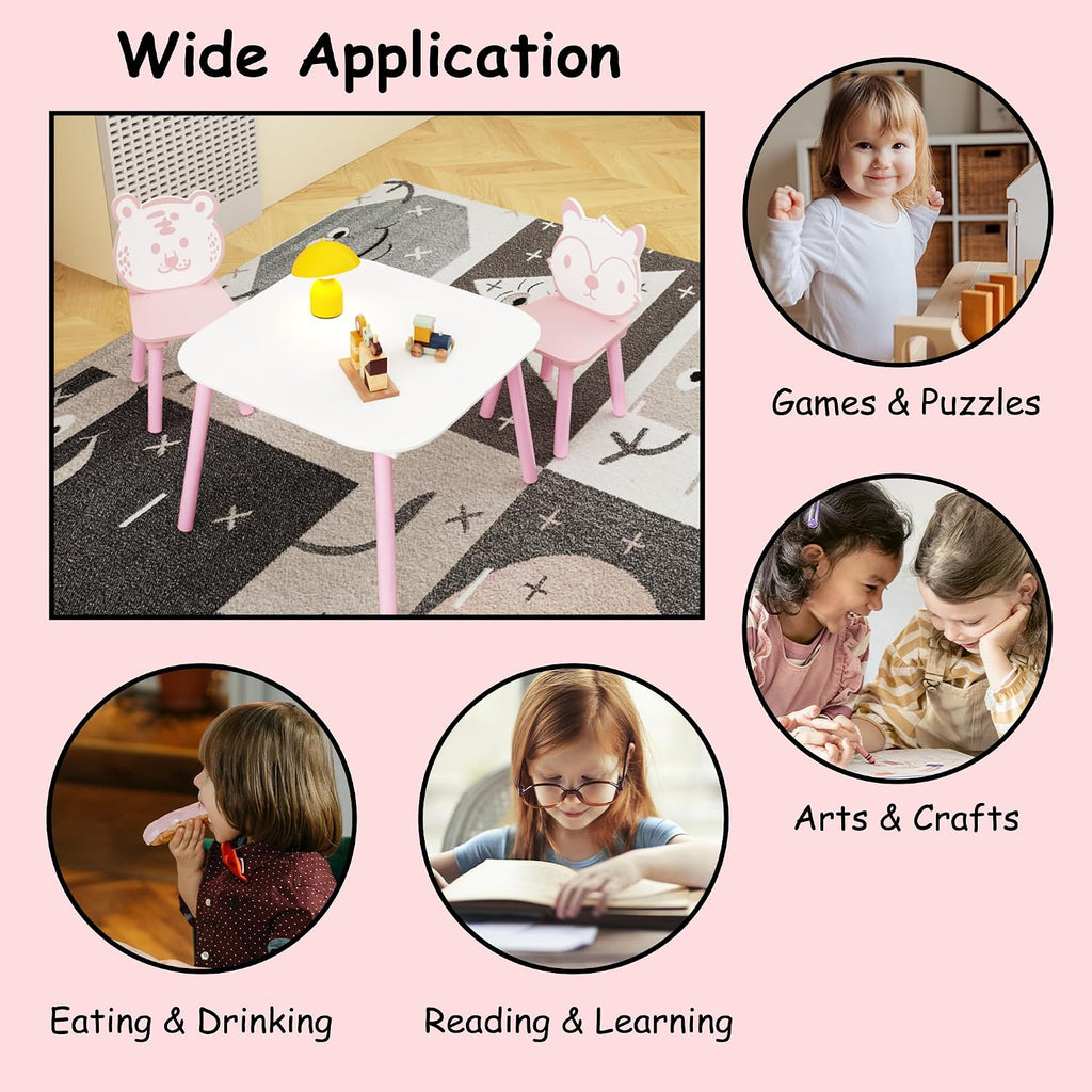 Kids Table and Chair Set 3-Piece Wooden Toddler Desk with Animal Backrest Pink and White Activity Table for Drawing Learning Playroom or Nursery
