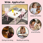 Kids Table and Chair Set 3-Piece Wooden Toddler Desk with Animal Backrest Pink and White Activity Table for Drawing Learning Playroom or Nursery