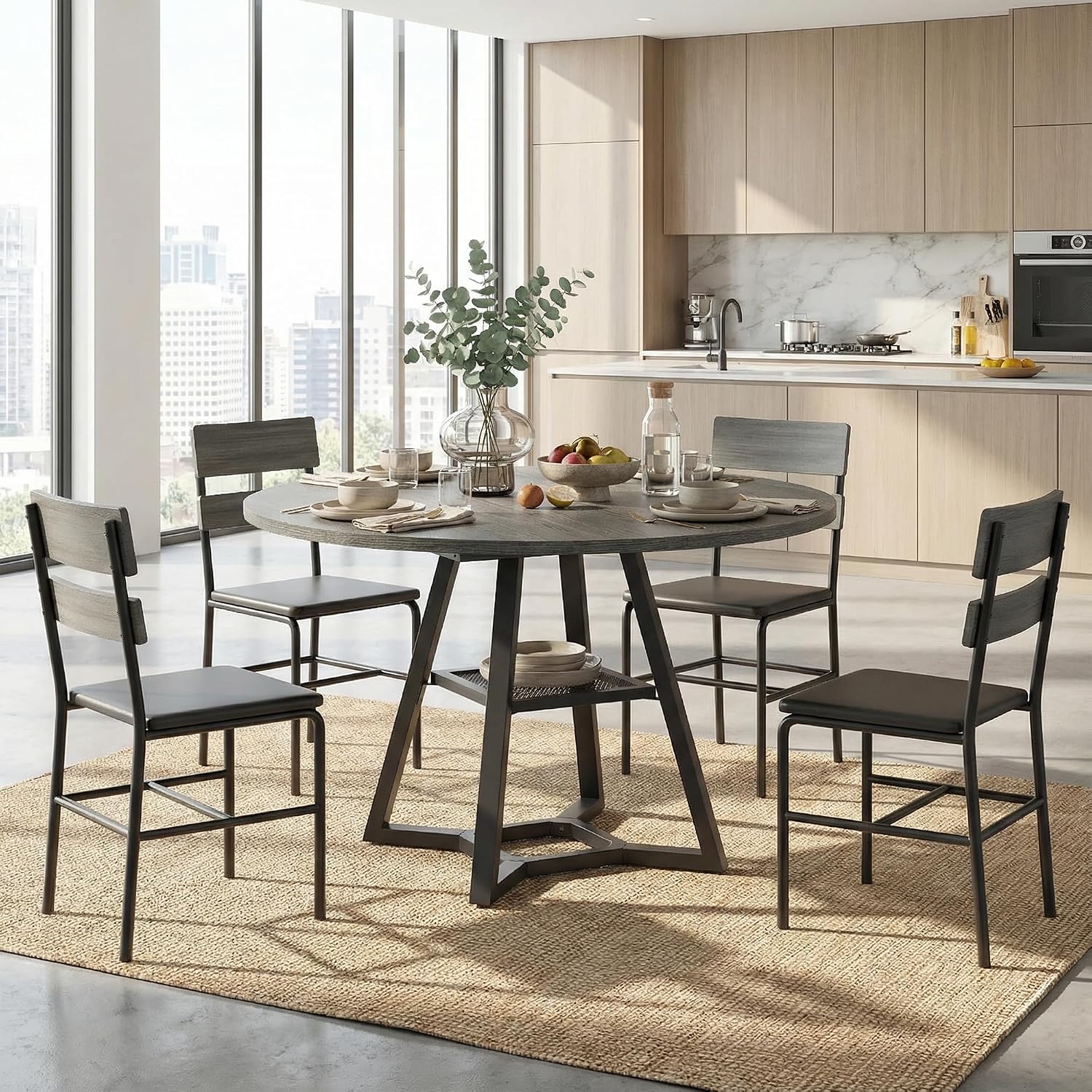 knoworld 51" Round Dining Table for 4-6, Kitchen Table with Storage Shelf, Heavy Duty Circle Pedestal Table for Small Spaces, Farmhouse Wood Dinner Table,Grey