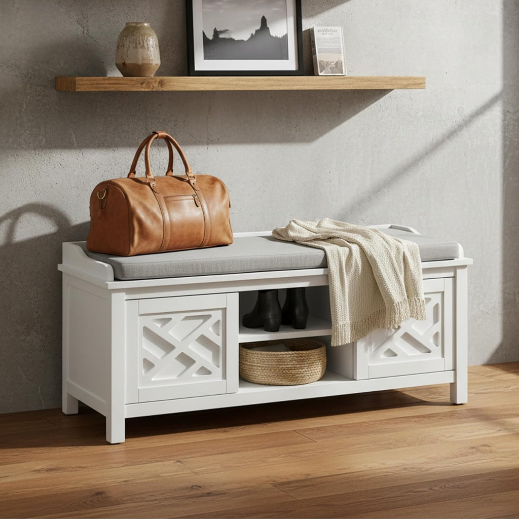 Coventry Modern Entryway Bench with Cushion – 45-Inch Storage Bench with 3 Cubbies, Adjustable Shelves & Decorative Side Panels for Mudroom or Hallway Seating by Alaterre Furniture (White)