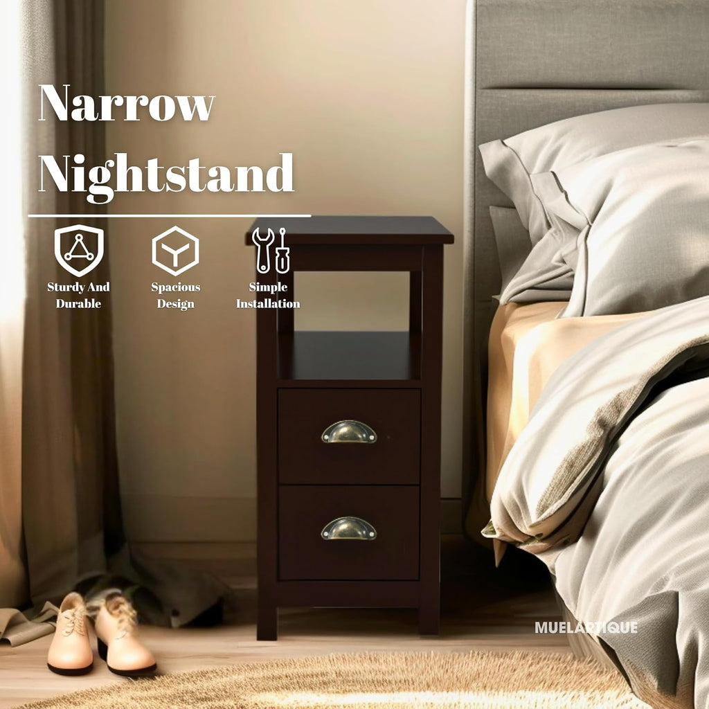 Narrow End Table with Two Drawers & Open Shelf - Brown Nightstand/Side Table for Living Room, Bedroom