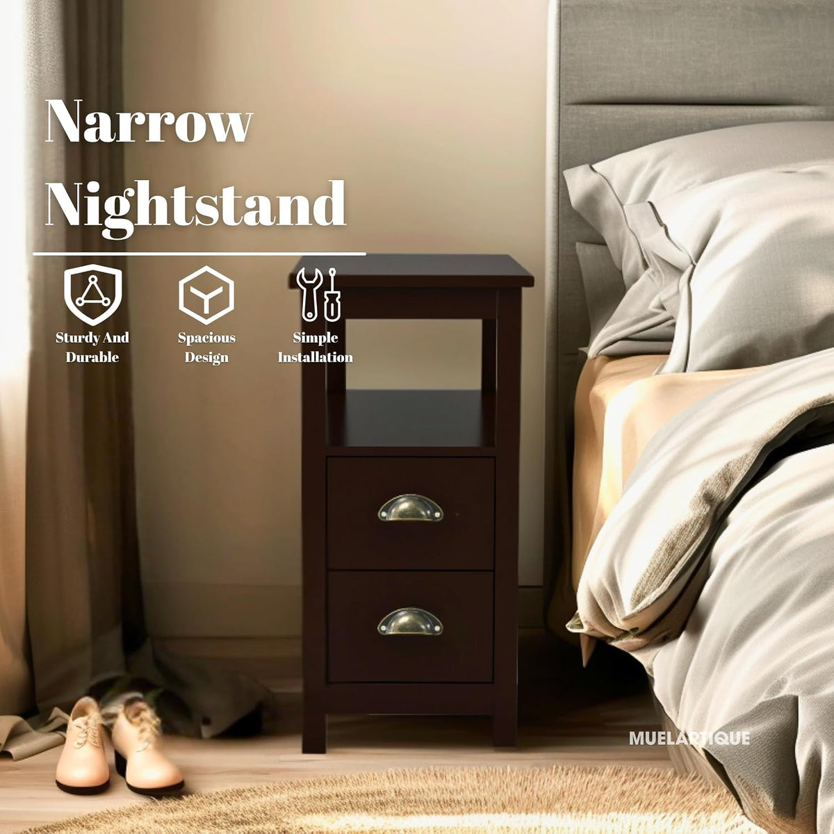 Narrow End Table with Two Drawers & Open Shelf - Brown Nightstand/Side Table for Living Room, Bedroom