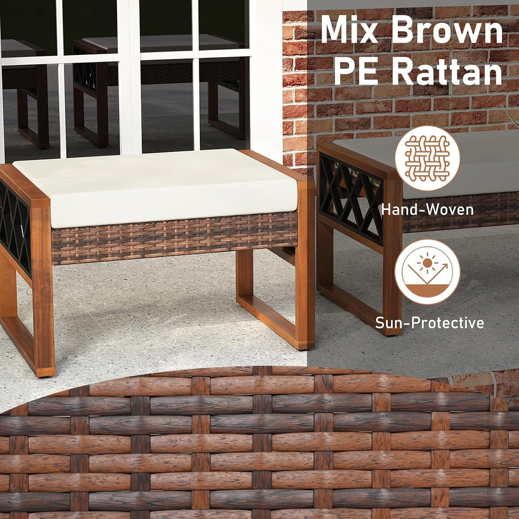 RELAX4LIFE Wicker Outdoor Ottomans for Patio - Set of 2 Rattan Outside Footstool w/Removable Cushion, Wood & Metal Frame, 3-in-1 Foot Rest, Extra Seating & Side Tables for Porch Backyard Poolside