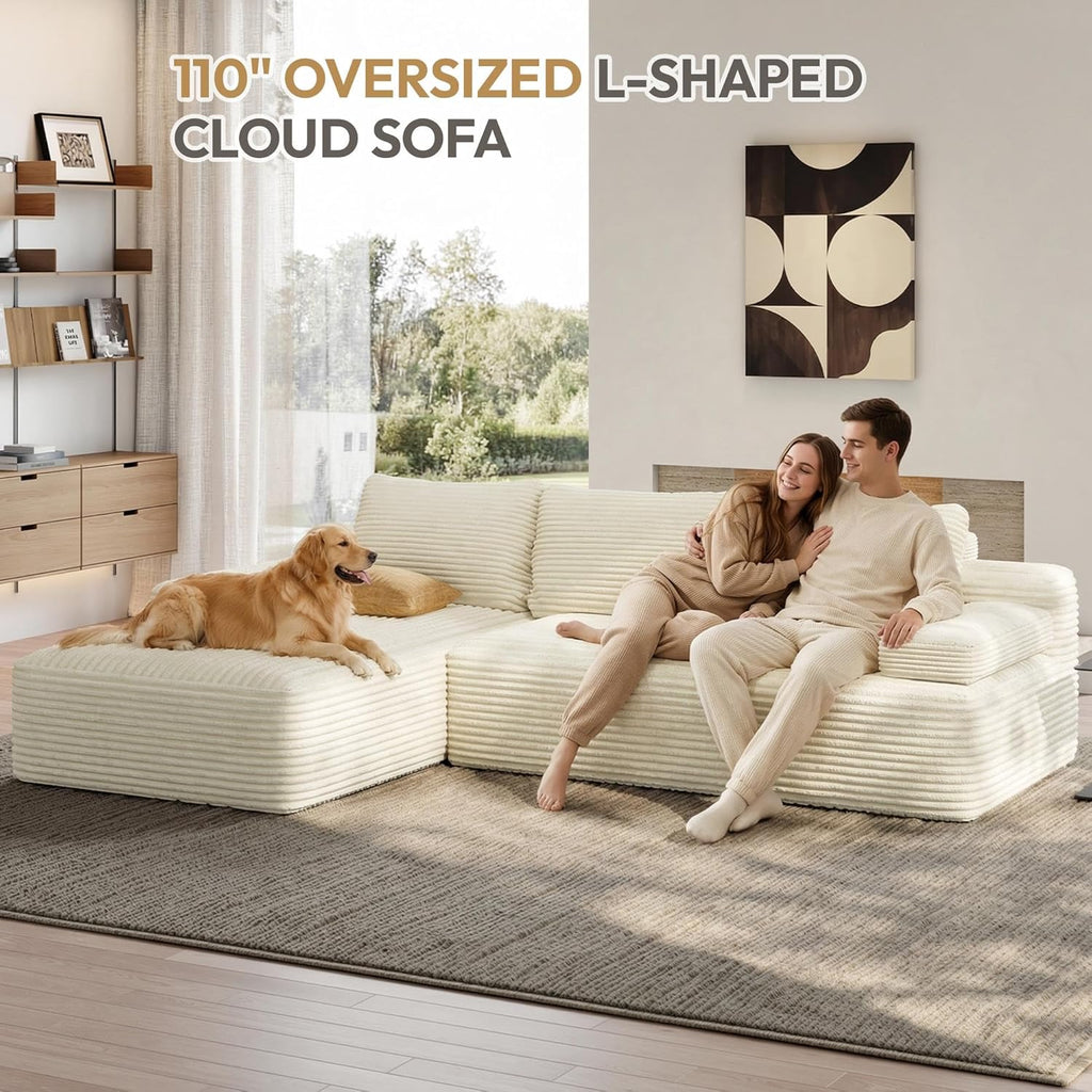 Yaheetech 110" Sectional Sofa Couch with Chaise, Beige | Sectional Sofa Cloud Couch Corduroy Modular L-Shape Couch No Assembly Sofa with Detachable Pillow for Living Room Guest Room