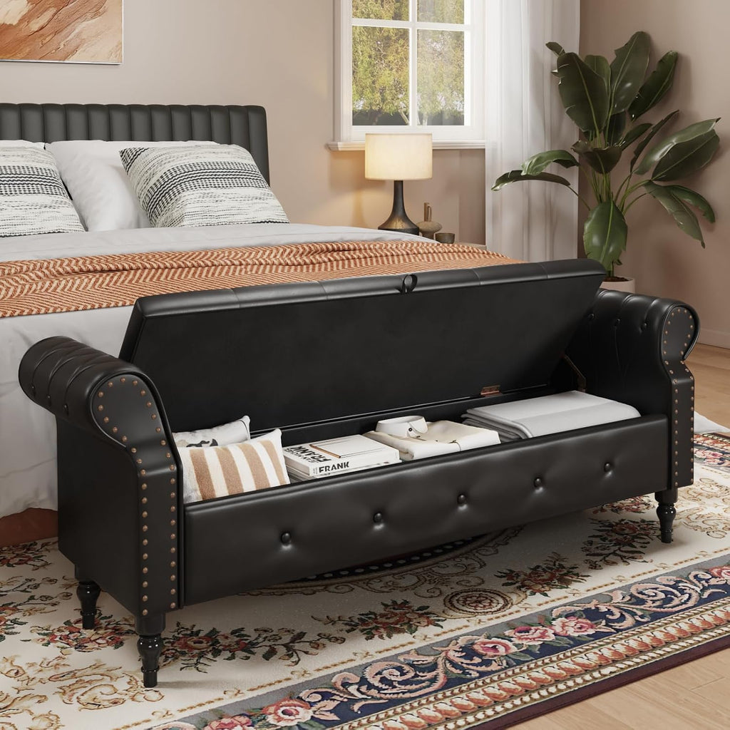 FiveWillowise 65" End of Bed Bench with Storage Ottoman,Black | Faux Leather Upholstered Storage Bench with Rolled Arms and Nailhead Trim for King Size Bed,Bedroom,Entryway,Living room