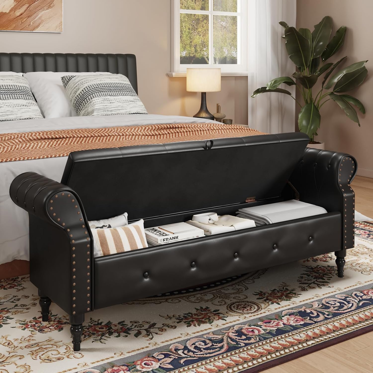 FiveWillowise 65" End of Bed Bench with Storage Ottoman,Black | Faux Leather Upholstered Storage Bench with Rolled Arms and Nailhead Trim for King Size Bed,Bedroom,Entryway,Living room