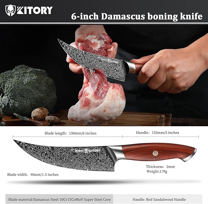 73 Layers Damascus Boning Knife, Pro kitchen deboning slicer, viking fish cutter,10Cr15CoMoV steel cutting core, Red sandalwood full-tang Handle, gift box included