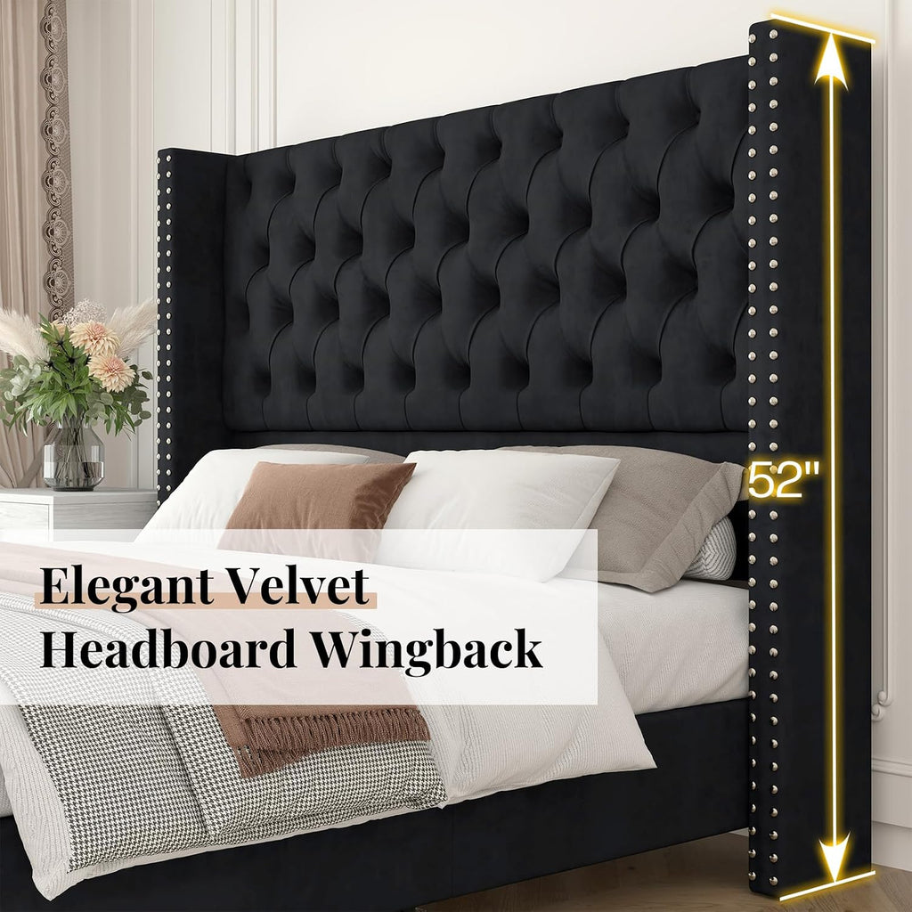 Jocisland King Size Bed Frame with 51.6" Velvet Wingback Headboard, Black