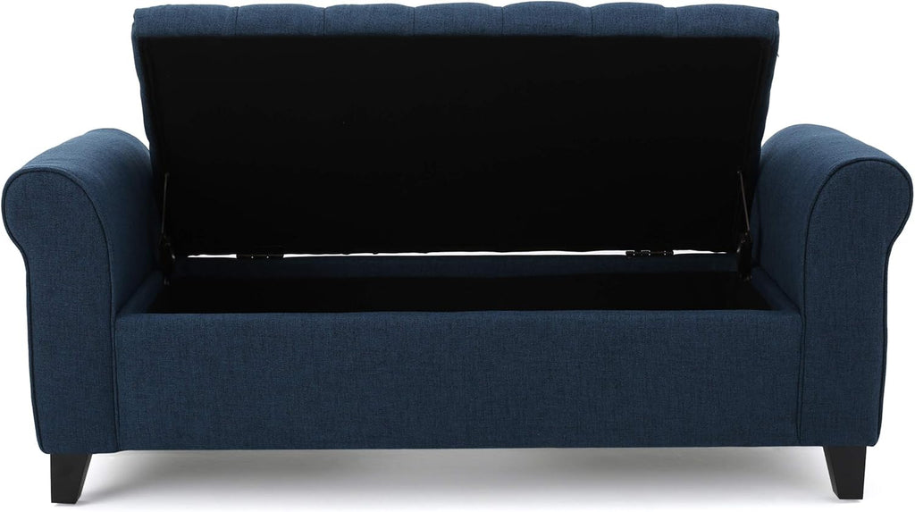 ‎GDF Studio Keiko Fabric Armed Storage Bench, Dark Blue, Dimensions: 19.75”D x 50.00”W x 20.5”H