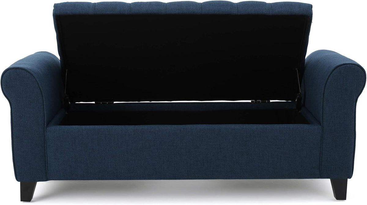 ‎GDF Studio Keiko Fabric Armed Storage Bench, Dark Blue, Dimensions: 19.75”D x 50.00”W x 20.5”H
