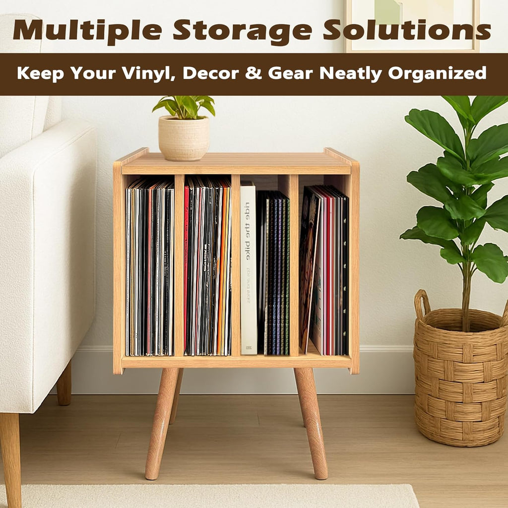 Record Player Stand, Vinyl Record Storage Table with 4 Cabinet, Mid Century Modern Turntable Stand, Organizer Vinyl Table for Bedroom Living Room, Oak