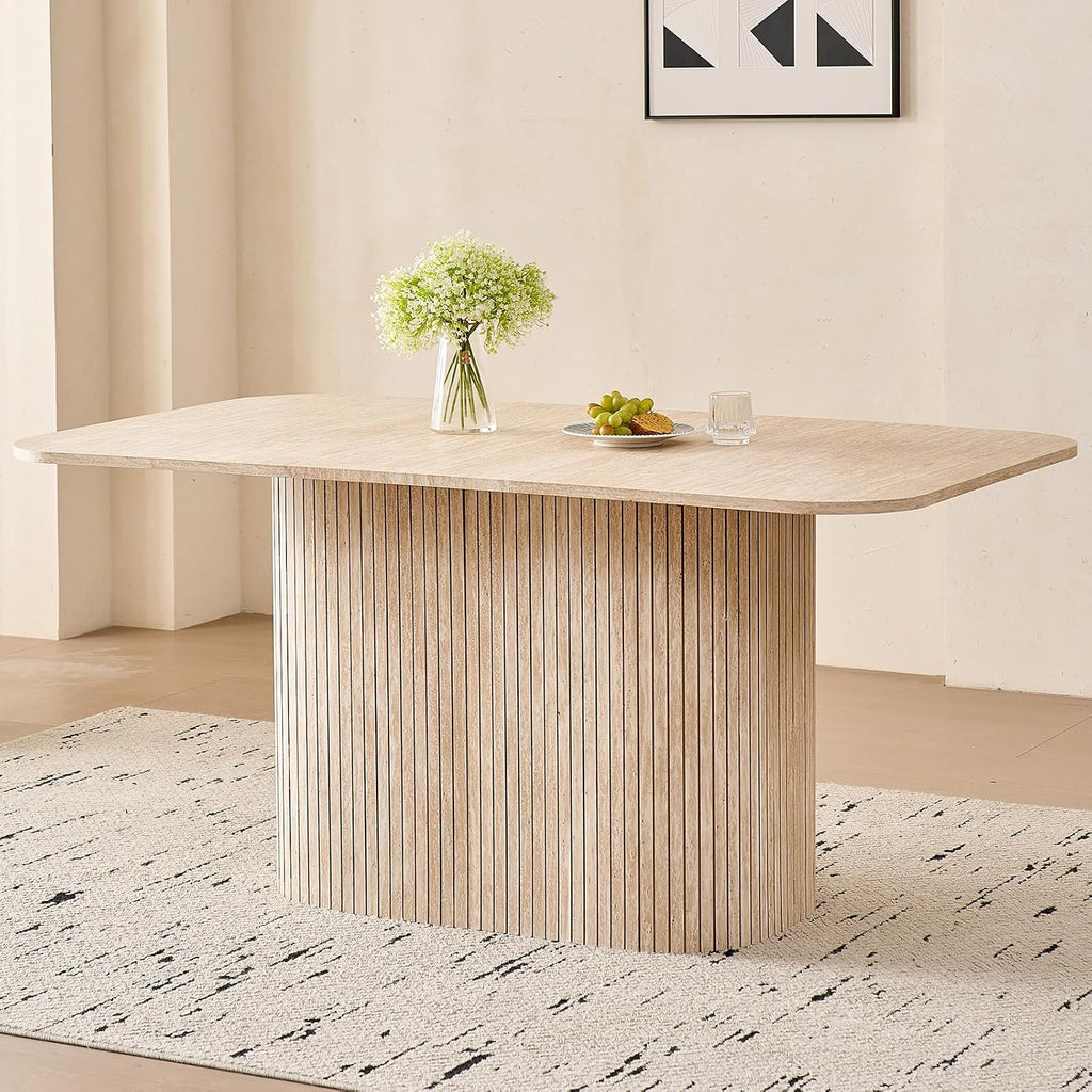 63" Large Dining Table for 4 6, [Rounded Corners] [Grooved Pedestal Base] Modern Rectangle Kitchen Dinner Dining Living Room Table