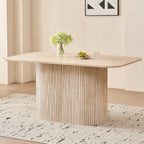 63" Large Dining Table for 4 6, [Rounded Corners] [Grooved Pedestal Base] Modern Rectangle Kitchen Dinner Dining Living Room Table