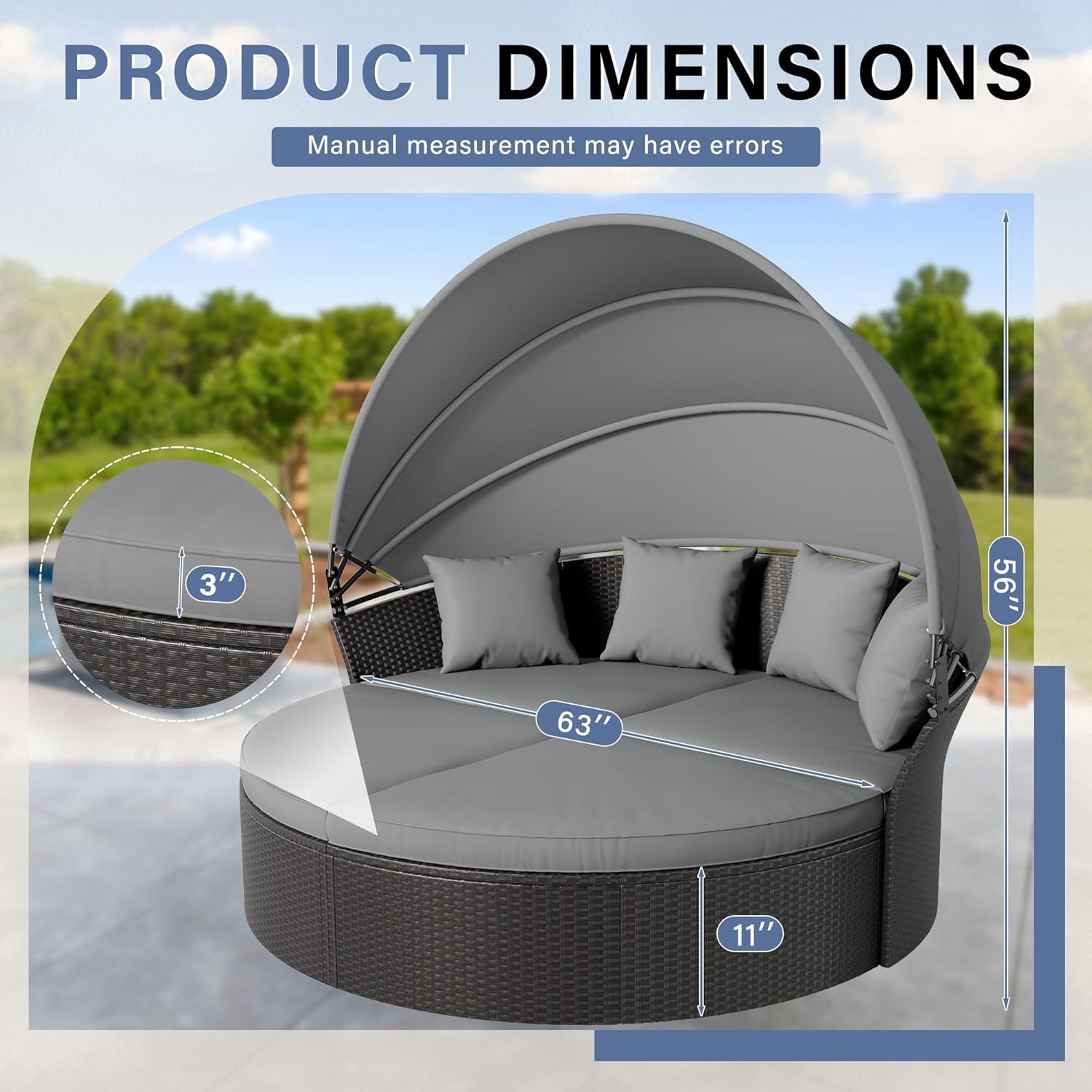 Crownland Round Patio Daybed with Retractable Canopy, Clamshell Wicker Sectional, Outdoor Wicker Furniture Daybed for Backyard, Poolside, or Garden，Grey