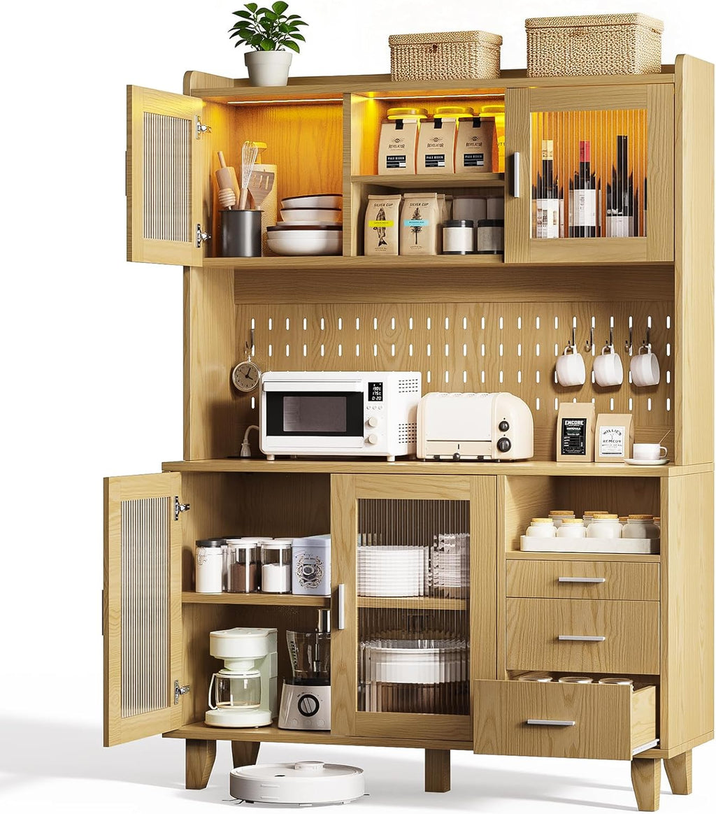 71" Tall Kitchen Pantry Cabinet with Remote LED Light & Charging Station, Farmhouse Freestanding Kitchen Storage Hutch with 3 Drawers, 6 Pegboard Hooks, Open Countertop and Shelves, Natural