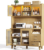71" Tall Kitchen Pantry Cabinet with Remote LED Light & Charging Station, Farmhouse Freestanding Kitchen Storage Hutch with 3 Drawers, 6 Pegboard Hooks, Open Countertop and Shelves, Natural