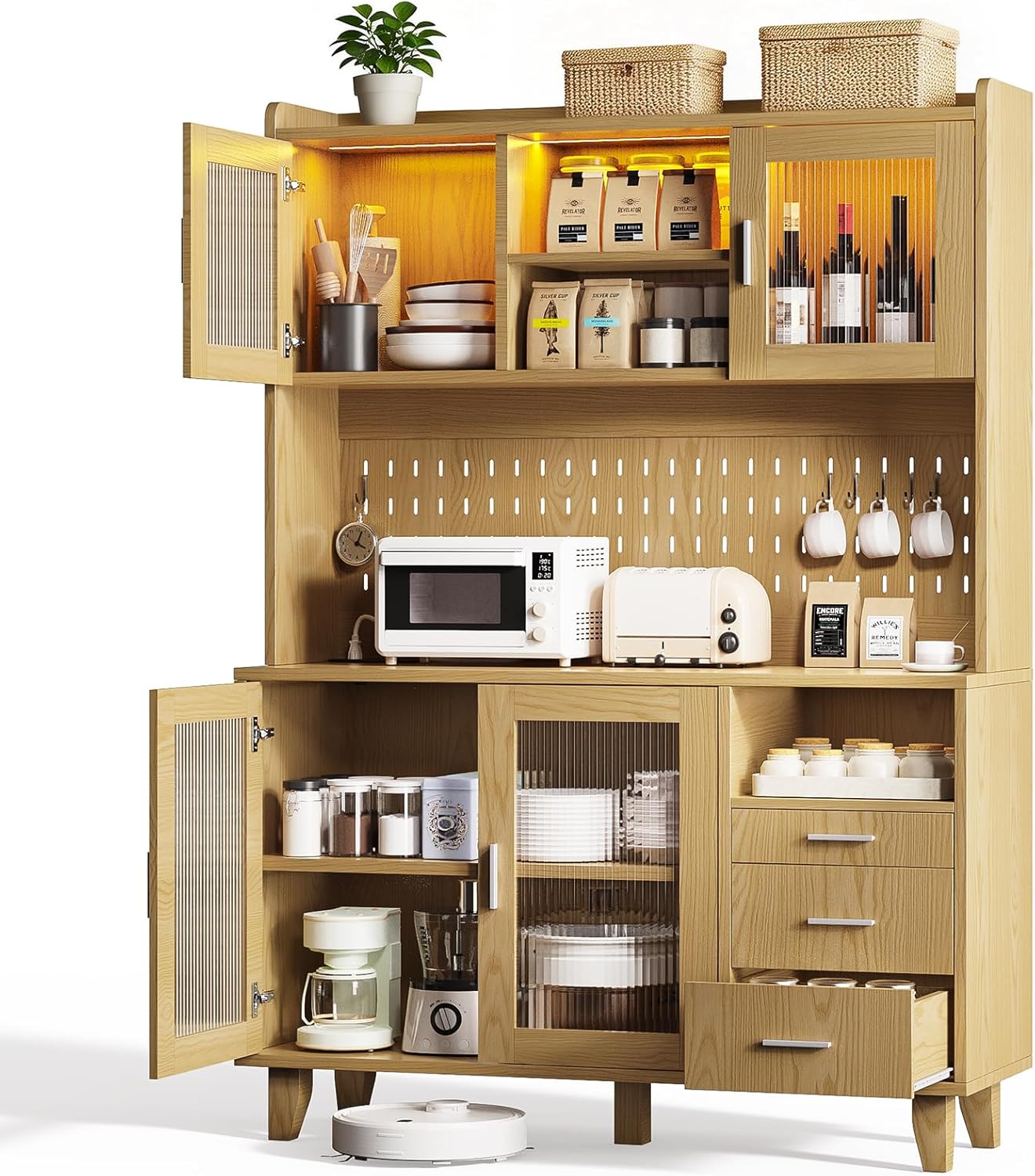 71" Tall Kitchen Pantry Cabinet with Remote LED Light & Charging Station, Farmhouse Freestanding Kitchen Storage Hutch with 3 Drawers, 6 Pegboard Hooks, Open Countertop and Shelves, Natural