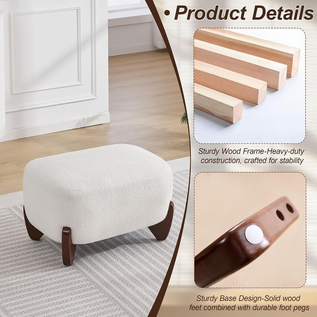 WUTUTUEE 28.7" Sherpa Boucle Ottoman with Solid Wood Legs, Modern Upholstered Footstool, Comfy Ottoman for Living Room, Bedroom, White