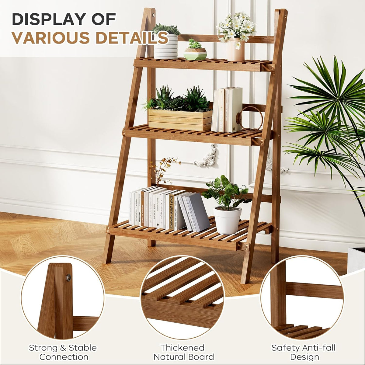 Bamboo Ladder Shelf 3-Tier Foldable Plant Stand, 23.6"W x 15"D x 39.4"H Freestanding Flower Pot Display Rack for Garden, Balcony, Patio, or Living Room, Walnut